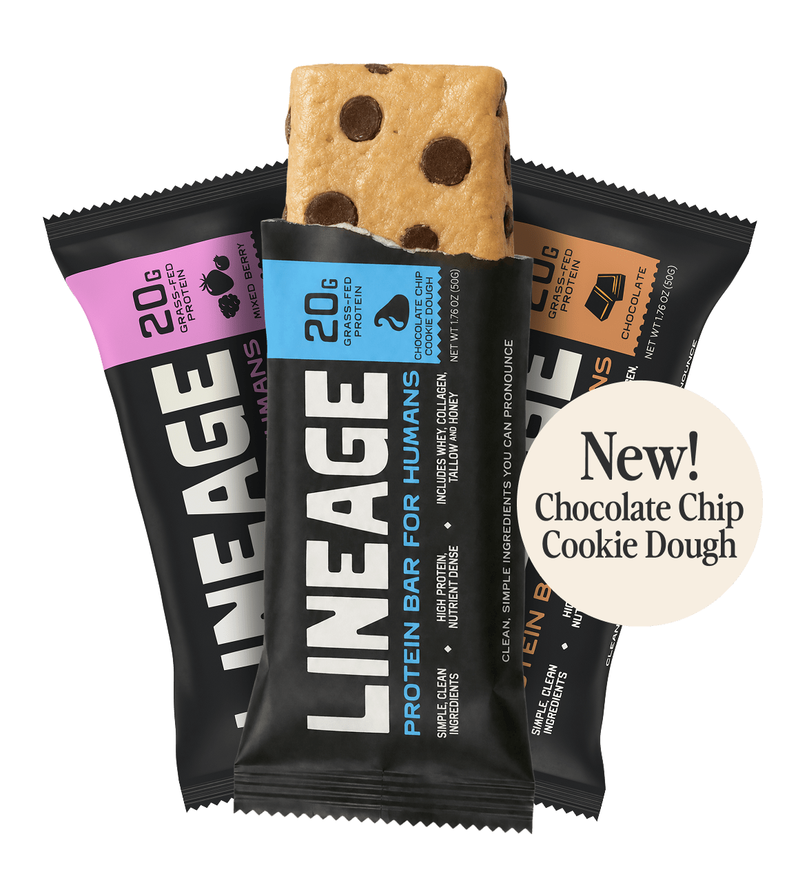 Lineage Protein Bar family — Mixed Berry, Chocolate Chip Cookie Dough, Chocolate