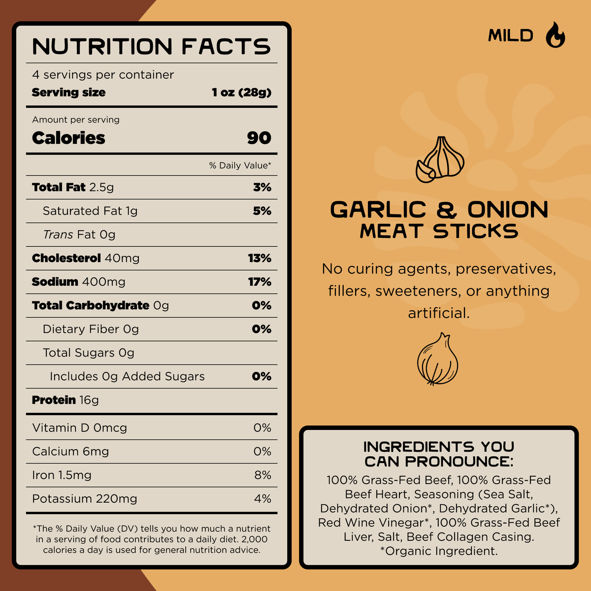 100% Grass-Fed Meat Sticks - Garlic & Onion