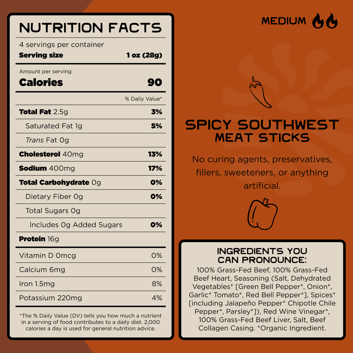 100% Grass-Fed Meat Sticks - Spicy Southwest