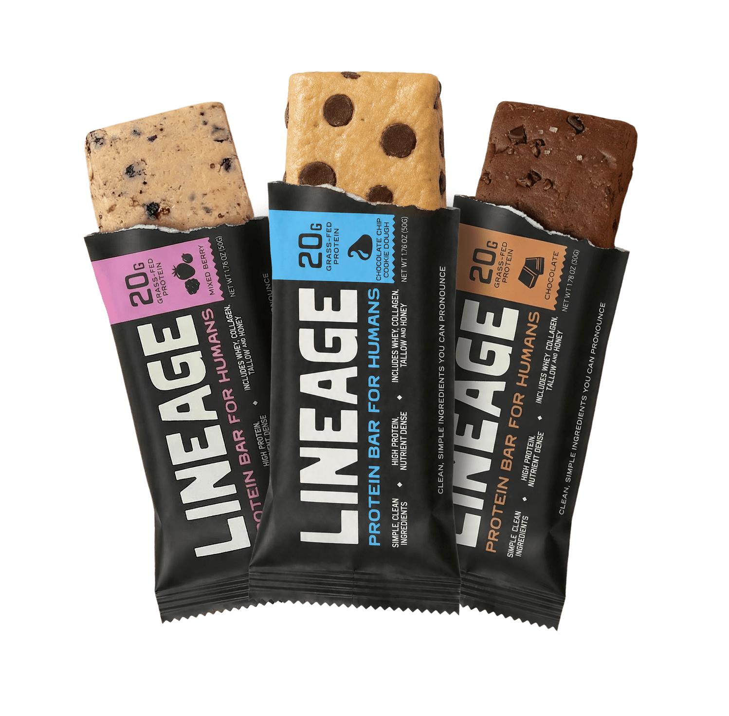 The Lineage Bar — Mixed Berry, Chocolate Chip Cookie Dough, and Chocolate